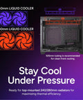 Diagram of NR200P V2 Mini ITX PC Case showing liquid cooler compatibility and radiator mounts for 280mm AIO Ready setup.