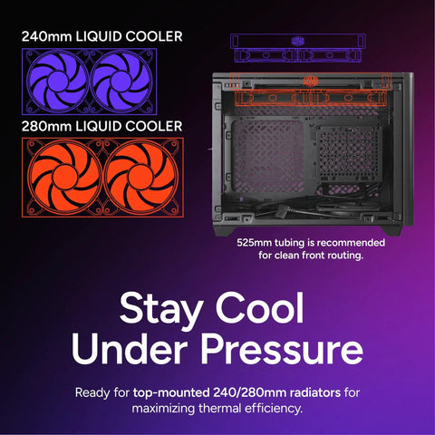 Diagram of NR200P V2 Mini ITX PC Case showing liquid cooler compatibility and radiator mounts for 280mm AIO Ready setup.