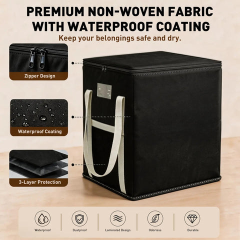 Extra Large Black Storage Bins With Heavy Duty Zipper, Foldable Fabric Bags For Clothes Blankets Comforters Pillows And Toys, Spacious 210 Liter Closet Organizers To Keep Your Gear Neat And Beat The Clutter featuring zipper design and waterproof coating.