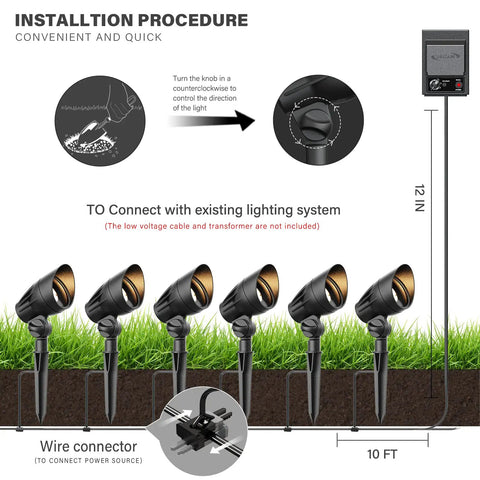 Installation steps for 50 Watt Low Voltage Flood Light For Landscape Lighting With MR16 Bulb Included No Fuss Install Outdoor Spotlight
