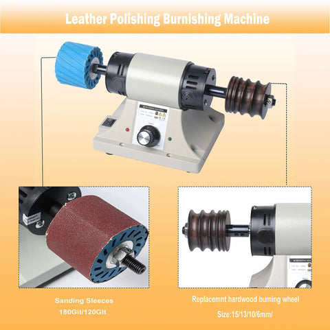 Pro-Level Leather Burnisher Machine For Killer Edges, High-Speed Edge Polisher And Grinder Tool At 8000RPM, features sanding sleeves and hardwood wheel.