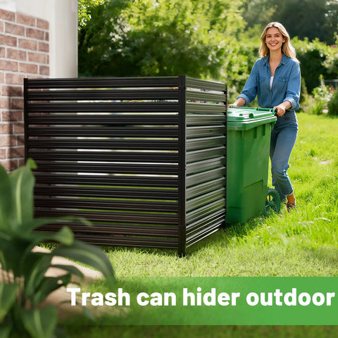 Woman using Three Panel Metal Privacy Fence Screen No Dig Design For Outdoor Use 42 Inch High By 38 Inch Wide Rustproof Heavy Duty