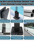 Badass Black 304 Stainless Steel Glass To Glass Clamps For Pool Fences And Balconies Fits 5/16 To 1/2 Inch Panels No Sweat Install Pro Grade Railing Hardware 12 Pack showcasing double-sided spigot clips for outdoor railings.