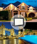 JUDYSSY Flood Lights Outdoor White Light 800W 1000W illuminating a house, tower bridge, and pool in nighttime scenes.