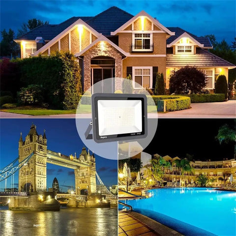JUDYSSY Flood Lights Outdoor White Light 800W 1000W illuminating a house, tower bridge, and pool in nighttime scenes.