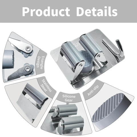 Product details of Five Pack Wall Mounted Mop And Broom Holder Set with stainless steel and silicone gear for anti-slip.