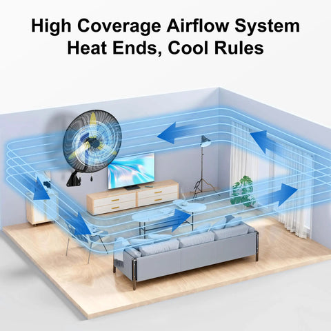 Beefed-Up Heavy Duty Wall Mount Fan With 11,200 CFM Industrial Airflow shown in a room, demonstrating airflow coverage.