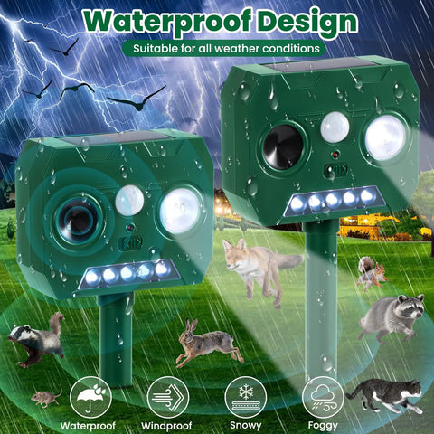 Outdoor Ultrasonic Animal Repellent 2 Pack With PIR Motion Sensor And LED Flash, Waterproof wildlife deterrent in rain