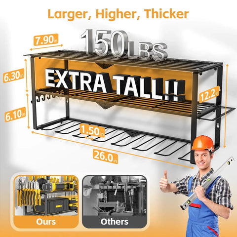 Heavy Duty Metal Garage Power Tool Organizer Wall Mount Three Layer Drill Holder For Cordless Tools 150 Pound Capacity