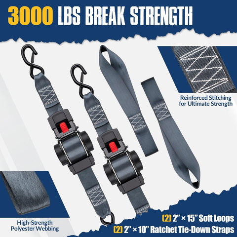 Retractable Ratchet Tie-Down Straps 2 Inch By 10 Feet, 3000 Lbs Break Strength with Auto-Rewind, soft loops, high-strength webbing