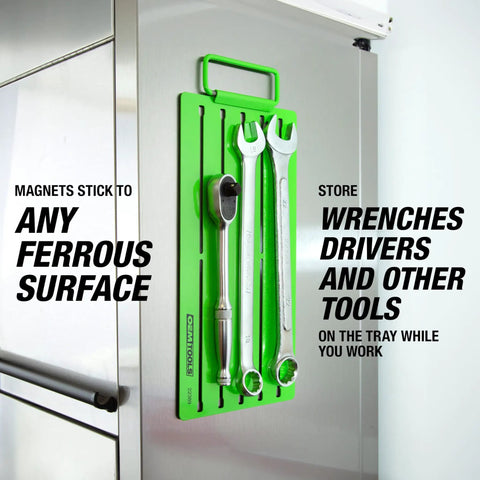 Pro Magnetic Socket Tray With Customizable Ratchet Organizer And Adjustable Drive Studs on metal surface holding tools