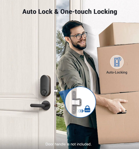 Man carrying boxes next to door with Dope Fingerprint Door Lock With Keyless Entry Pad And Auto Lock, Anti Peeping Password. Auto locking icon.