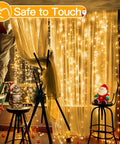 Christmas Curtain Lights 300 LED 9.8 By 9.8 Feet Waterproof Outdoor Curtain String Lights illuminating a cozy room scene