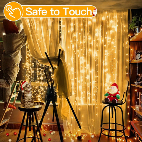 Christmas Curtain Lights 300 LED 9.8 By 9.8 Feet Waterproof Outdoor Curtain String Lights illuminating a cozy room scene