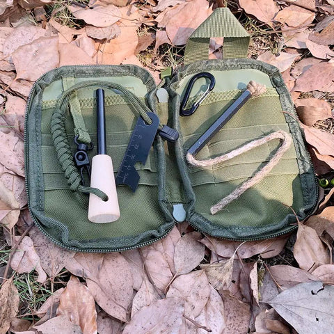 Rugged Fire Starter Survival Kit with Large Ferro Rod and Striker, 3 Inch Ferro Rod, 13.8 Inch Hemp Wick Cord in Green Carry Bag