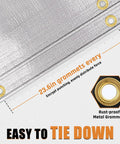 Close-up of Beefy 12x20 Ft Waterproof Tarp 16 Mil with brass grommets 23.6 inches apart, showcasing easy tie down feature.