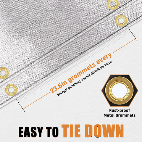Close-up of Beefy 12x20 Ft Waterproof Tarp 16 Mil with brass grommets 23.6 inches apart, showcasing easy tie down feature.
