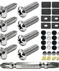 Stainless Steel License Plate Screws and Bolts with Black Caps, Complete Car Plate Mounting Kit for Trucks and Cars, includes fasteners and tools.
