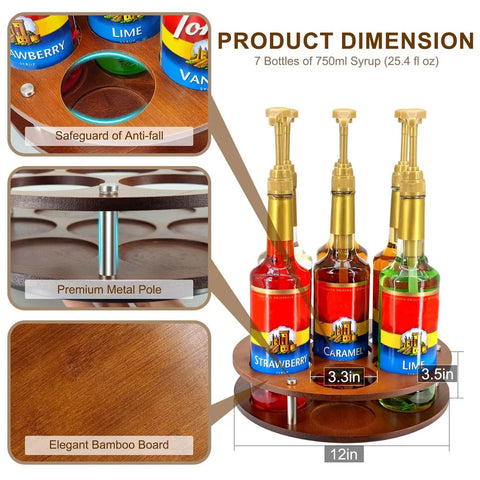 Rotate Your Home Bar Slick With This Seven Slot Coffee Syrup Organizer Rack showing dimensions and features of elegant bamboo design.
