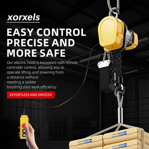 Heavy Duty 1 Ton Electric Chain Hoist, 2200 LBS Beast Mode Lifter With Wireless Remote And 20 Ft Pendant lifting packaged boxes.