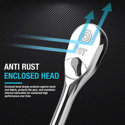 Close-up of Professional Grade Heavy Duty Ratchet Set 3 Piece Extra Long 90 Tooth Chrome Vanadium Steel ratchet head with anti-rust design.