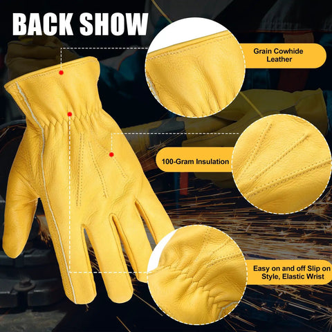Rugged Leather Work Gloves For Men And Women, Cowhide Build That Holds Up To Real Work, Puncture And Cut Resistant, Durable Garden And DIY Gloves, Adjustable Wrist, Golden Yellow, 4 Pairs, back view showing insulation and grain cowhide leather