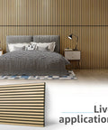 2 Pack Premium Fluted Acoustic Wood Slat Wall Panel For Home Office Noise Cancellation Decor 47.2 By 23.6 Inches Solid Oak shown in modern bedroom