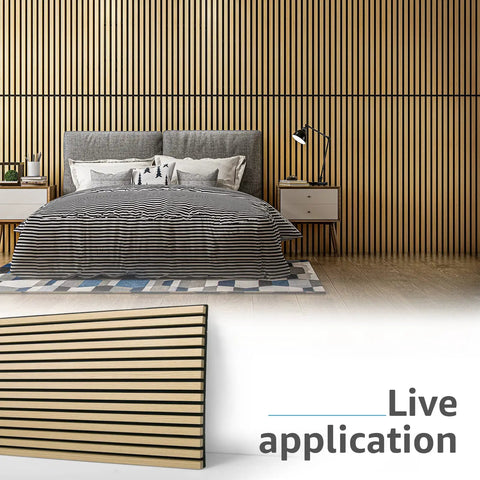 2 Pack Premium Fluted Acoustic Wood Slat Wall Panel For Home Office Noise Cancellation Decor 47.2 By 23.6 Inches Solid Oak shown in modern bedroom