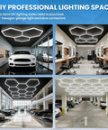 Hexagon LED Garage Light 72W 6500K Daylight White With 11 LED Panels Honeycomb Design installed in garages and workshop