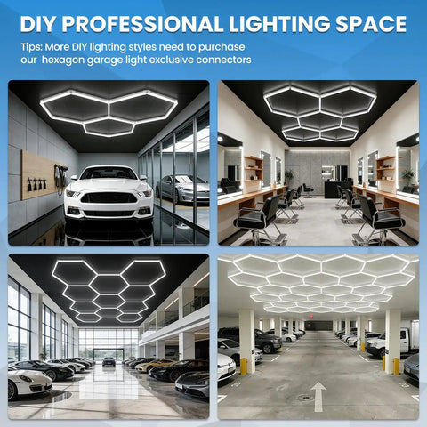 Hexagon LED Garage Light 72W 6500K Daylight White With 11 LED Panels Honeycomb Design installed in garages and workshop