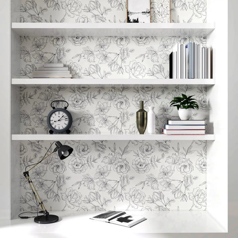 Black And White Vintage Floral Wallpaper Peel And Stick Roll 17.7 Inch Wide By 236 Inch Long For Walls Cabinets Bedroom Living Room Matte Vinyl Self Adhesive Peony Flower Decor, used on bookcase background