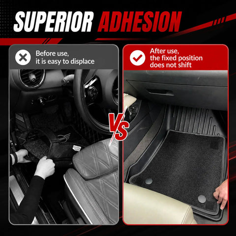 Before and after comparison of Heavy Duty Car Floor Mat Grippers With Rock Solid Adhesive To Lock Your Interior Rugs In Place.