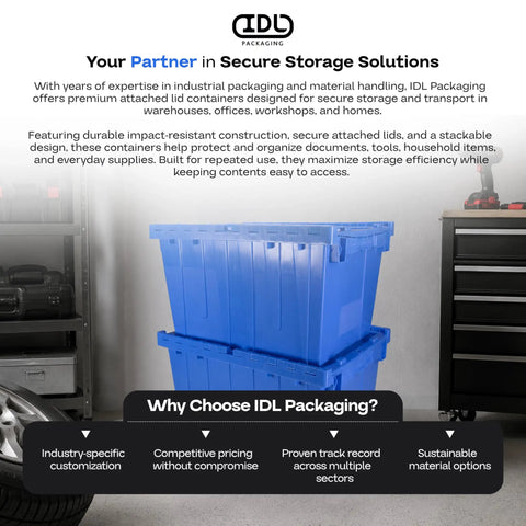 14 Gallon Industrial Plastic Tote Hinged Flip Lid Boss Level Storage Bin Pack Of 6 Heavy Duty Rugged Containers Built Like A Tank Perfect For Garage Workshop Organization Absolutely Sick Durability stacked beside a garage toolbox.