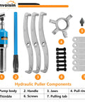Components of Beefy 20 Ton Hydraulic Gear Puller Set With Interchangeable 2 Or 3 Jaw Heads For Wheels Hubs And Rotors