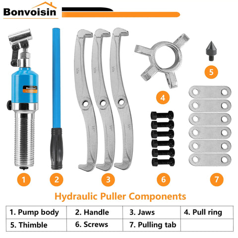 Components of Beefy 20 Ton Hydraulic Gear Puller Set With Interchangeable 2 Or 3 Jaw Heads For Wheels Hubs And Rotors