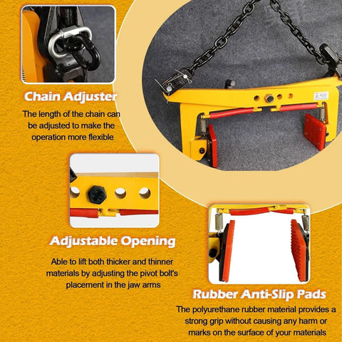 Heavy Duty Granite Slab Lifting Clamp With Wide Jaw Stone Carrier, featuring adjustable chain, anti-slip pads, and flexible opening.