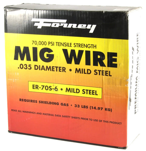 Box of Mig Wire 0.035 Inch Mild Steel ER70S-6 Copper Coated All Position 33 Pound Spool, visible exterior packaging.