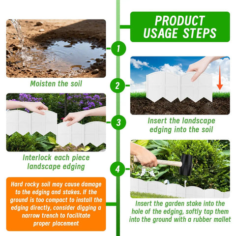 White 30 Foot Landscape Edging Kit With 30 Stakes For Lawn And Flower Bed Borders No Fuss Easy DIY Border System usage steps