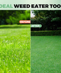 Before and after lawn image showing results of using Universal Weed Eater Head With Fast Load Trimmer System No Fuss Install