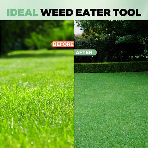 Before and after lawn image showing results of using Universal Weed Eater Head With Fast Load Trimmer System No Fuss Install
