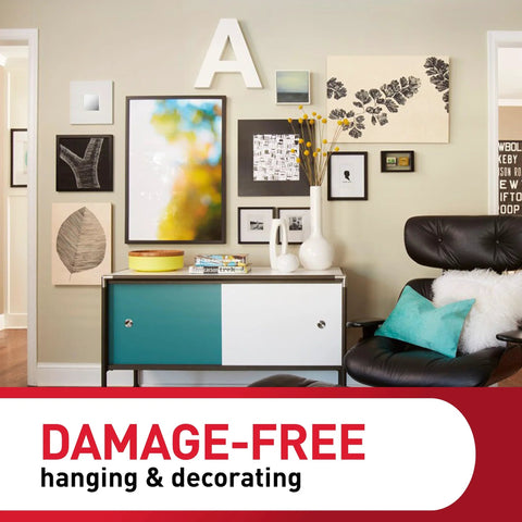 Stylish gallery wall using Damage-Free Picture Hanging Strips For Smooth Surfaces, 28 Pairs White Medium 10 Lb And Large 15 Lb.