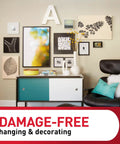 Gallery wall with decor using Four Pound Capacity Small Picture Hanging Strips 18 Pairs 36 Strips Damage Free Wall Hangers