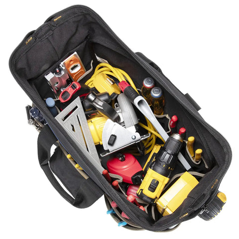 19 Inch Molded Base Contractor Tool Bag With Closed Top And Easy Access Pop Open Design Large Main Compartment 13 Inner Pockets And 16 Exterior Pockets For Organizing Power Tools Circular Saws Hard Hats And Accessories