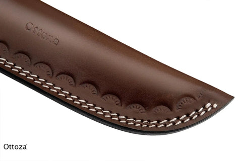 Close-up of Top Grain Leather Knife Sheath For Fixed Blade Knives Built To Last Belt Carry Holster with decorative stitching.