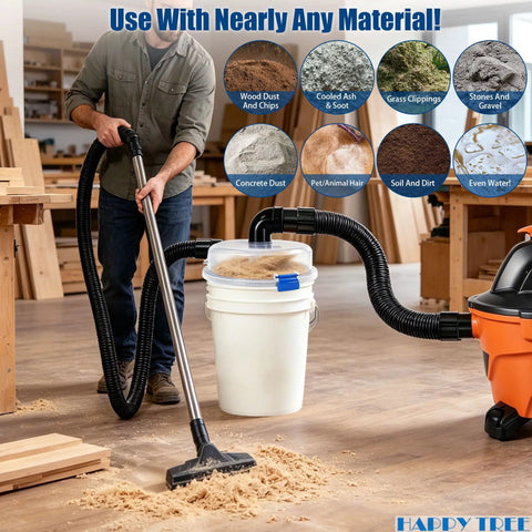 Low-Profile Cyclone Dust Separator with 2-1/2 Inch Hose high-flow dust collector attached to shop vacuum in workshop.