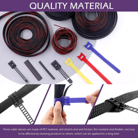 Expandable Braided Cable Sleeve And Heat Shrink Tube Kit with nylon cable ties and fastening ties, close-up on materials