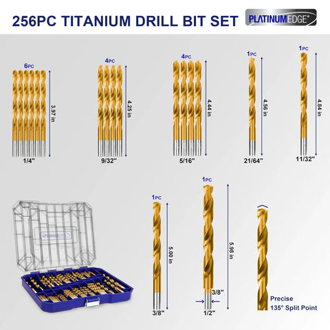 276 Piece Titanium Heavy Duty Twist Drill Bit Set With S2 Bits 135 Degree Point High Speed Steel for various sizes in a clear case.