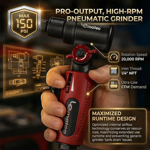 Close-up of Air Die Grinder With Adjustable Swivel Head And 20000 RPM Pro Grade Portable Pneumatic Tool in hand, showing design