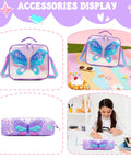 Children's butterfly rolling backpack set with lunch bag and pencil case, featuring vibrant 3D butterfly design for school and travel.
