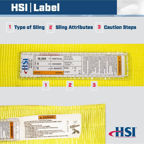 Two Ply 24x26 Nylon Type 9 Eye Sling for Heavy Lifting and Towing, 18 Inch Eye Length, 18,000 Pound Vertical Capacity, WLA2 824N Rigging Sling, Beefy Yet Lightweight for Bulky Loads and Rough Handling, yellow sling label close-up